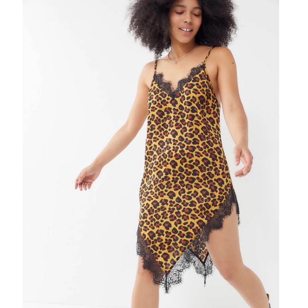 Out From Under Lace Trim Animal Print Slip Dress